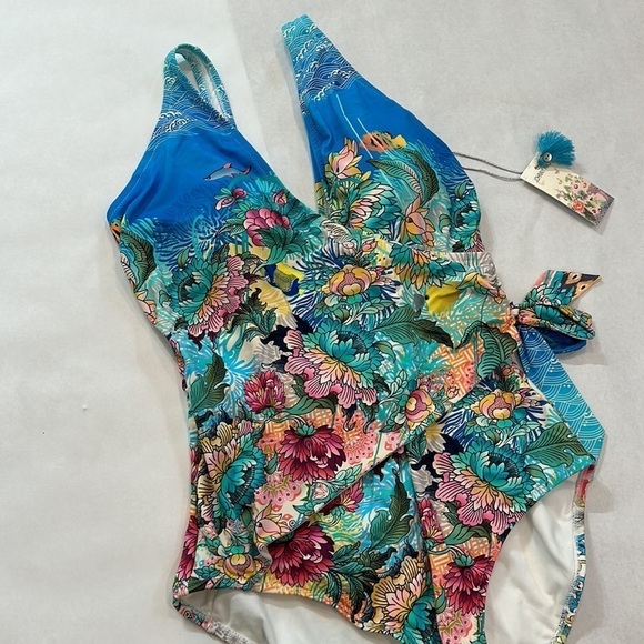 Johnny Was Mixi One Piece Swimsuit Wrap Style In Multi new with tags floral aqua - Picture 4 of 9